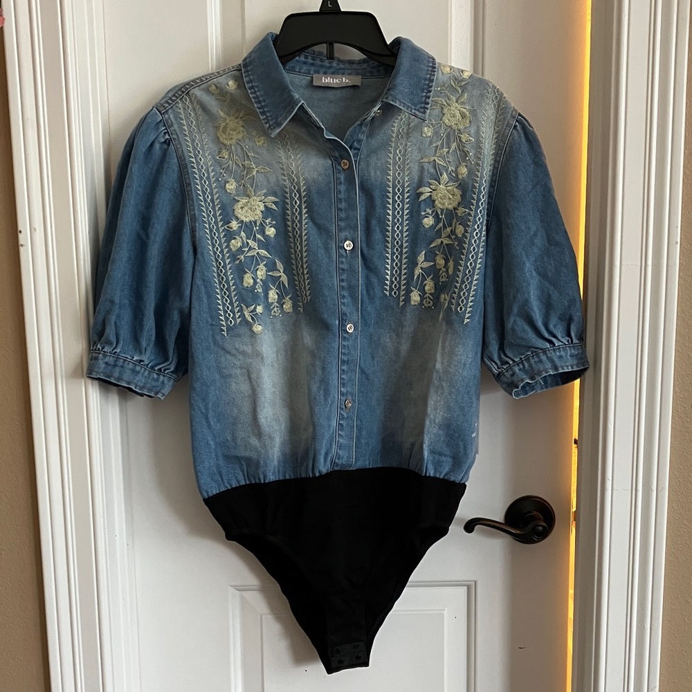 Blue Denim Embroidered Button-Down Bodysuit